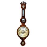 A 19th century inlaid mahogany banjo barometer with central mirrored plate above silvered circular