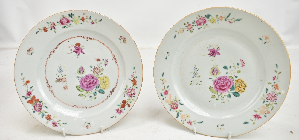 Two 18th century Chinese porcelain Famille Rose plates, each painted in enamels with floral - Image 7 of 8