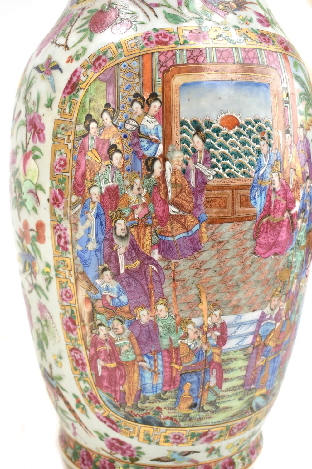 A mid-19th century Chinese Canton Famille Rose porcelain twin handled vase, painted with figures - Image 12 of 35