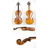 A three quarter size violin for restoration, with two-piece back, length 33.3cm, in modern case.