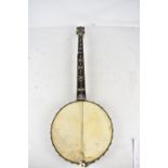 A late 19th/early 20th century open back five string banjo with mother of pearl inlay and ivory