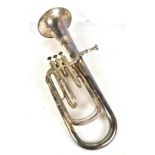 A silver plated horn with engraved decoration, marked 'H Distin, Cranbourn Strt, Leicester Sq,