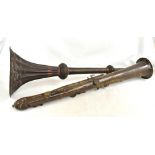 A large brass instrument presumed to be a Ophicleide, length 114cm, and a large Indian brass horn,