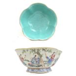 An early 20th Century Chinese porcelain footed lobed bowl, painted in enamels with women and