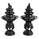 A pair of Japanese Meiji period bronze koro and covers of typical form with Dogs of Fo finials and