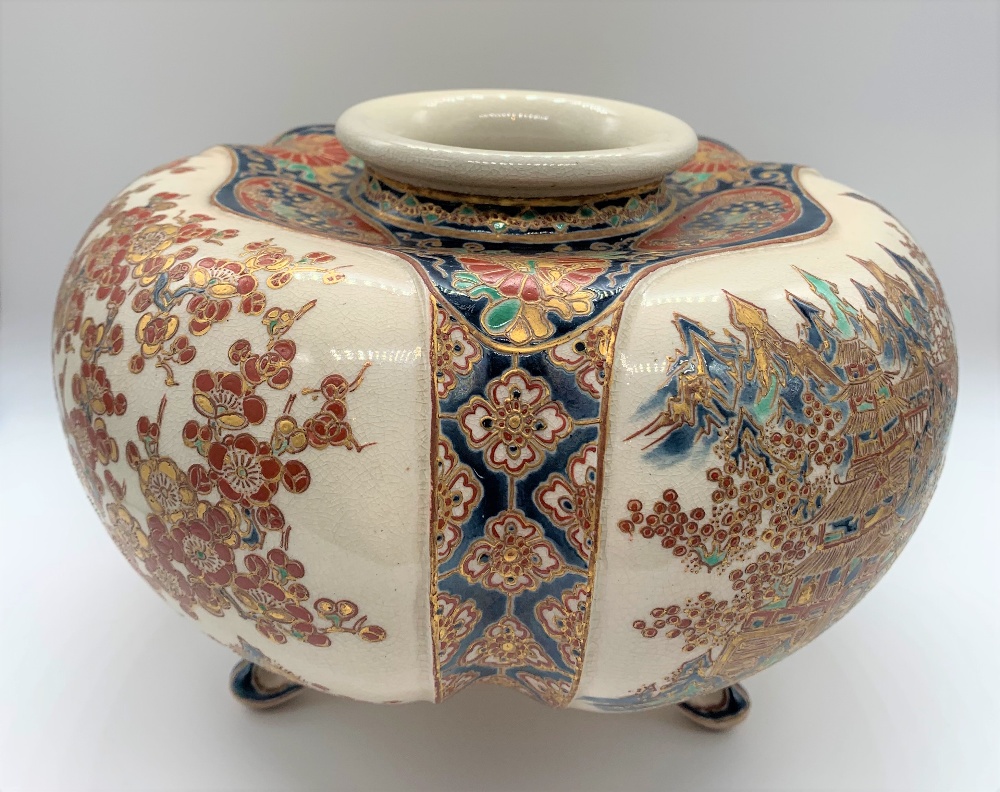 A fine and large Japanese Meiji period Imperial Palette Satsuma censer of triple lobed squat form - Image 4 of 10