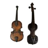 An unusual pochette type violin, length 44cm, and a wooden model of a violin with metal mounts,