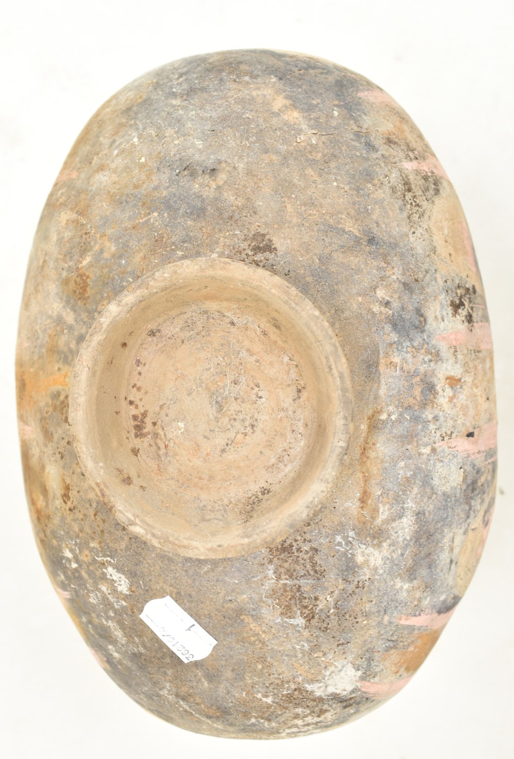 A Chinese Han dynasty earthenware cocoon vase with simple painted stylised detail on circular - Image 10 of 10