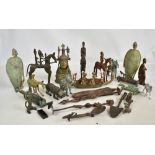 A group of tribal metalware including a Benin type bust, Dogon type figures, zoomorphic figures,