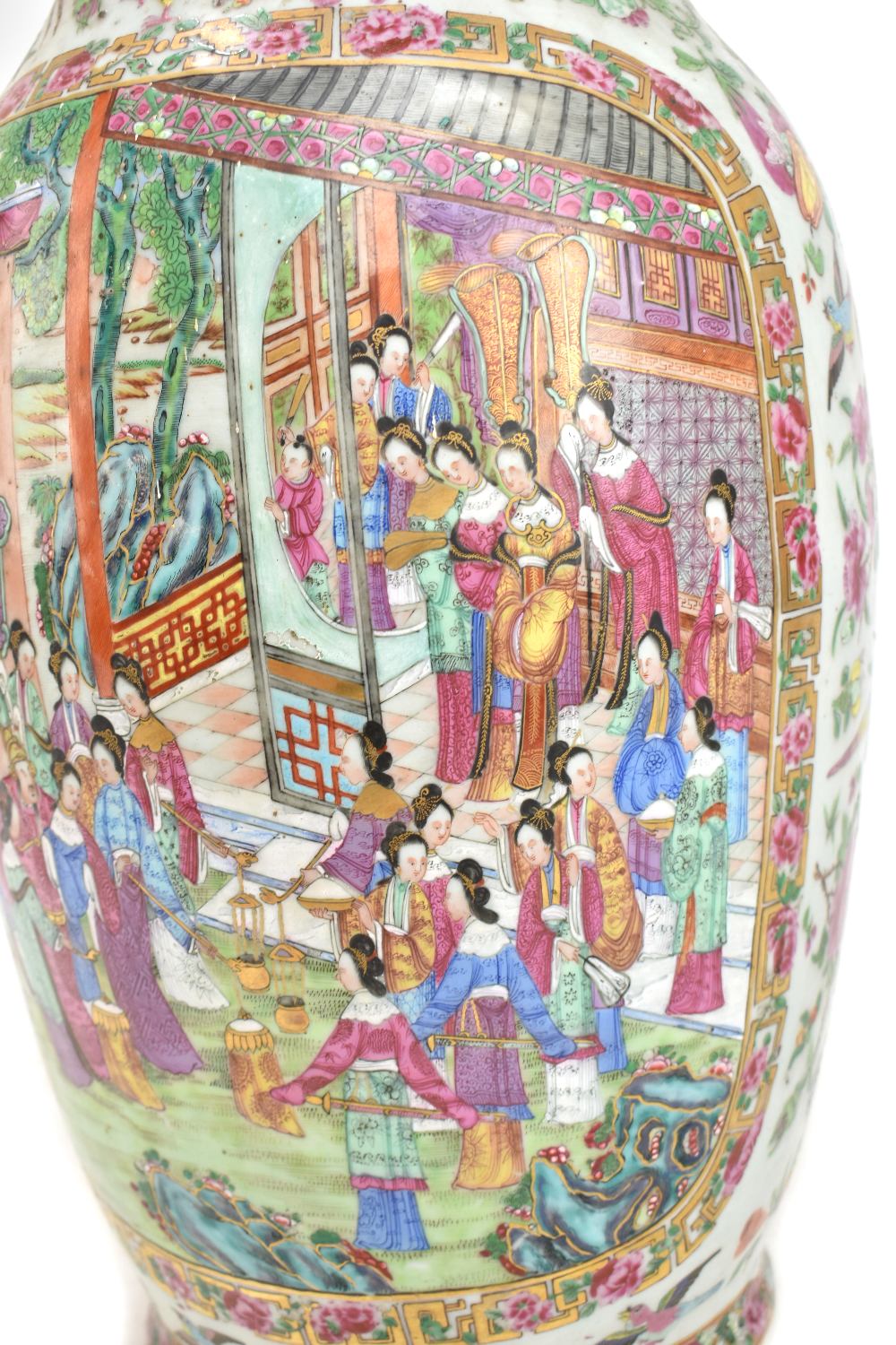 A mid-19th century Chinese Canton Famille Rose porcelain twin handled vase, painted with figures - Image 9 of 35