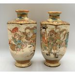 A good pair of Japanese Meiji period hexagonal Satsuma vases, the shoulders decorated with three