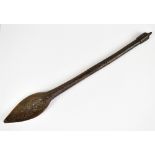 An early/mid-20th century Indian whip or beater with inlaid mixed metal detail and carved detail,