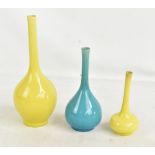 Three Chinese yellow (x2) and turquoise glazed bottled vases, all unmarked, height of tallest