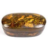 A Persian lacquered oval box and cover decorated with tigers hunting gazelle, 17 x 9.5cm.