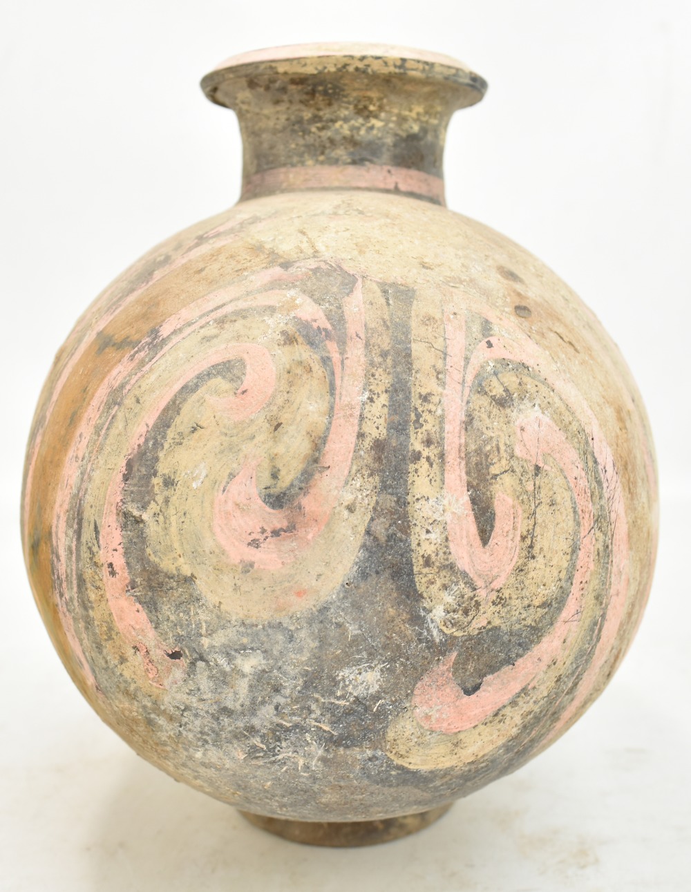 A Chinese Han dynasty earthenware cocoon vase with simple painted stylised detail on circular - Image 3 of 10