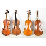 A full size German Stradivarius copy violin with two-piece back, length 35.8cm and another violin