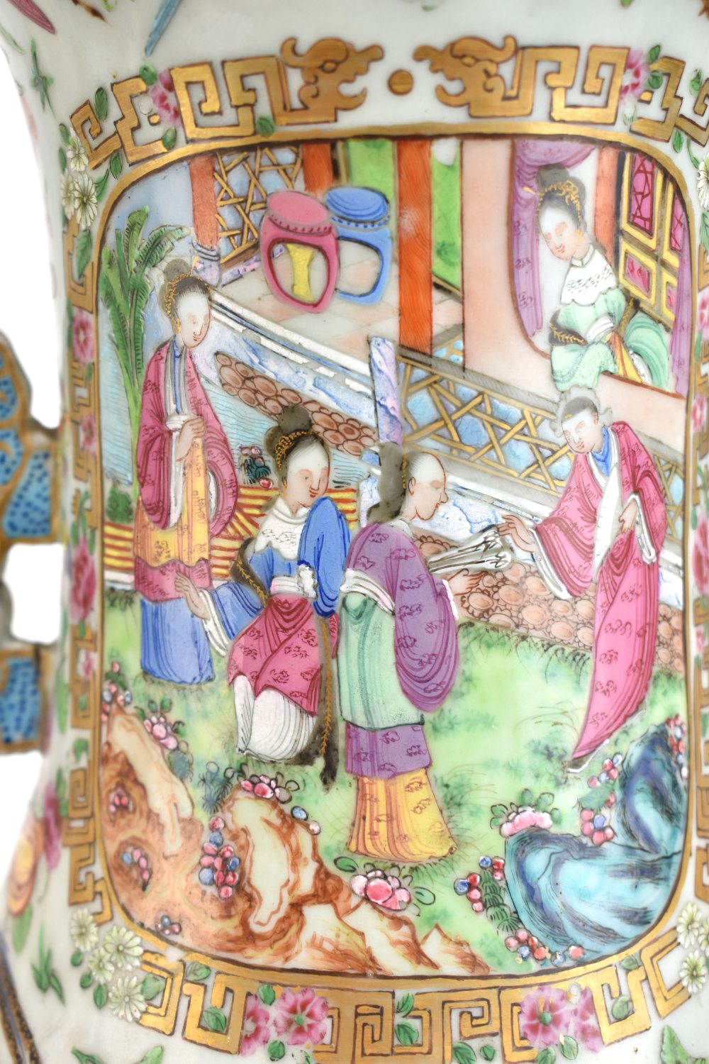 A mid-19th century Chinese Canton Famille Rose porcelain twin handled vase, painted with figures - Image 6 of 35