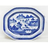 An early 19th century Chinese Export porcelain blue and white octagonal meat plate, decorated with a