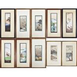 Ten Japanese watercolours on paper with various scenes including birds and landscapes, eight with