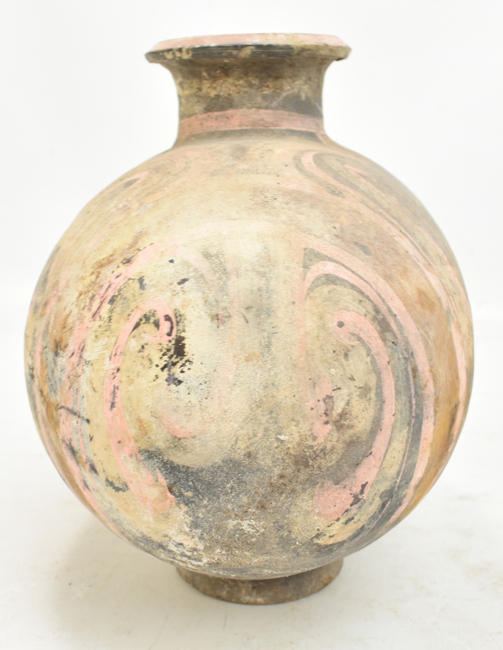 A Chinese Han dynasty earthenware cocoon vase with simple painted stylised detail on circular - Image 7 of 10