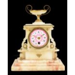 A French alabaster mantel clock with urn surmount above pink enamelled dial set with Roman numerals,