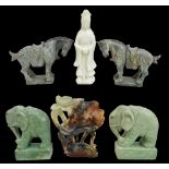 Six 20th century Chinese soapstone figures and carvings comprising a pair of horses, 16 x 23.5cm,