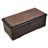 A 19th century Swiss musical box, the case with inlaid decoration of musical instruments, length