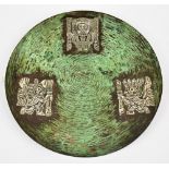 VICKI; a Peruvian beaten copper plate with patinated finish and white metal inlay depicting Inca