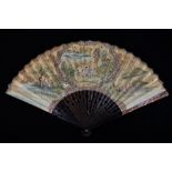 An early 20th century Chinese rosewood and paper fan painted in watercolour and gilt heightened with