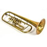 A brass rotary trumpet by Aug. Clemens Glier, Markneukirchen, cased.