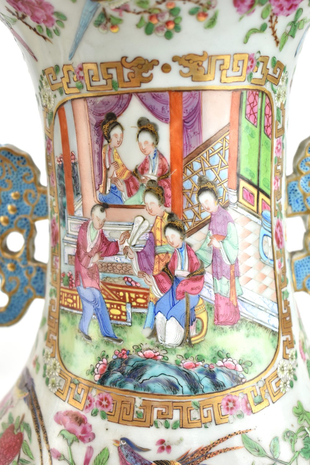 A mid-19th century Chinese Canton Famille Rose porcelain twin handled vase, painted with figures - Image 11 of 35