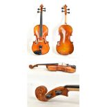 A small modern viola with two-piece back, length 38.5cm, cased with a bow.Additional InformationNo
