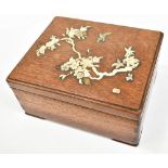 An early 20th century Japanese rectangular wooden box with inlaid bone and mother of pearl detail