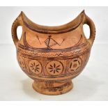 A circa 200BC Cypriot painted terracotta twin handled vessel on spreading circular foot, height