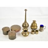A mixed group of Eastern brass ware including inlaid rosewater sprinkler, height 27cm, squat vase,