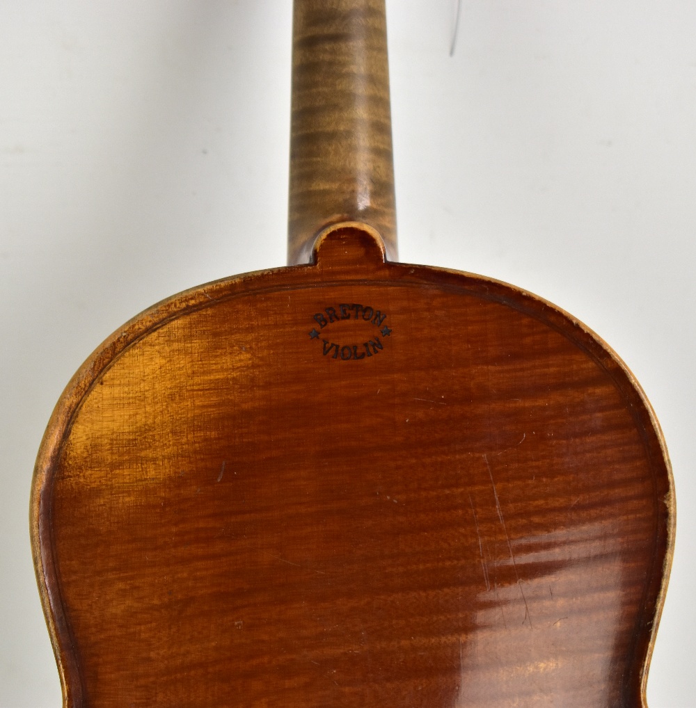 A full size 'Breton Violin' with one-piece back, length 36cm, branded Breton Violin to interior - Image 3 of 13