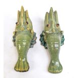 An unusual pair of Chinese celadon glazed wall pockets modelled as crayfish, unmarked, length
