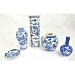 Five pieces of late 19th/early 20th century Chinese blue and white decorated porcelain comprising