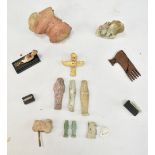 A small group of Egyptian fragment pieces including gilt heightened small wooden bird figure, etc,