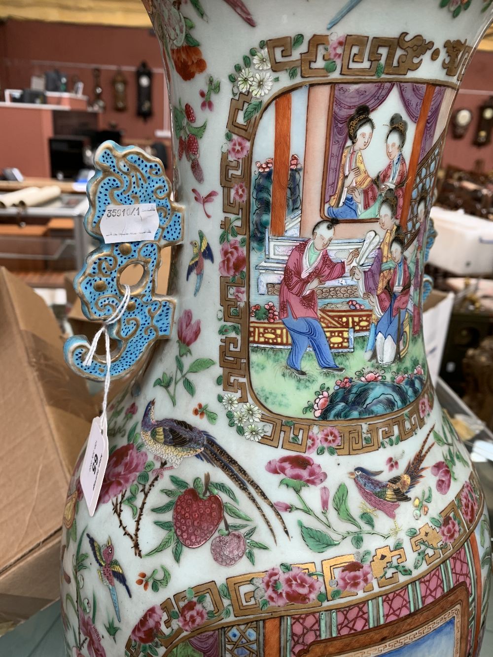 A mid-19th century Chinese Canton Famille Rose porcelain twin handled vase, painted with figures - Image 21 of 35