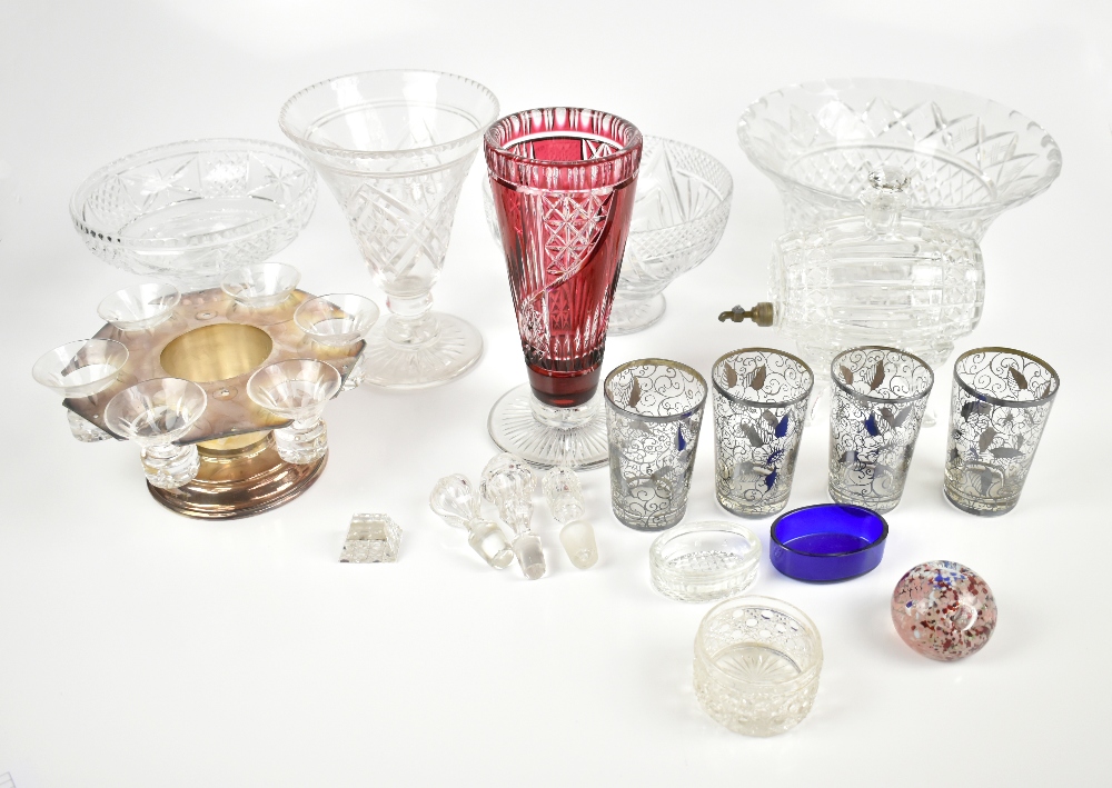 A mixed lot of assorted cut glassware to include a Warbridge pedestal bowl, trumpet vase, whisky