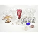 A mixed lot of assorted cut glassware to include a Warbridge pedestal bowl, trumpet vase, whisky