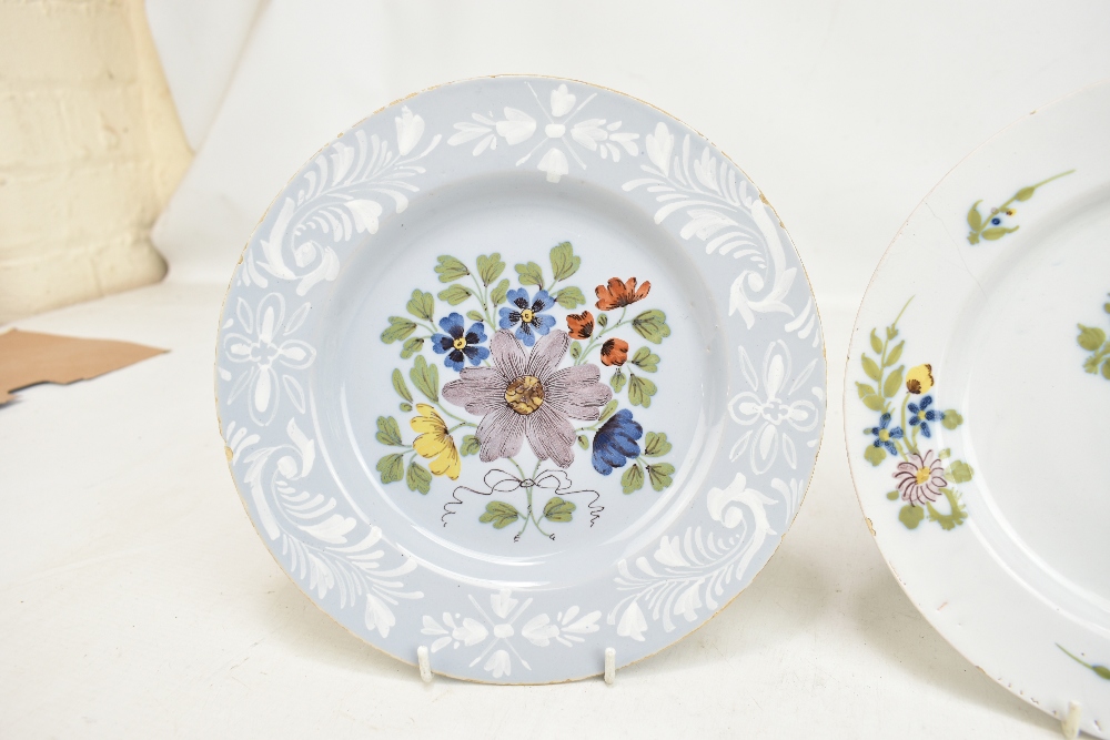 Three 18th century Bristol Delft plates, two with floral decoration and one with chinoiserie-type - Image 4 of 5