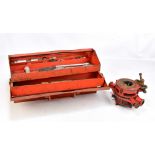 A collection of vintage automobile tools housed in an orange painted Brittol box with pull out