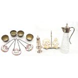 GEORGE JONES; a Pleasant China strawberry and cream set in silver plated stand, a pressed glass