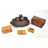 A 19th century mahogany twin division sarcophagus tea caddy, 11.5 x 19.5cm, a money box, a Mauchline