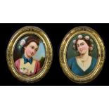 A pair of late 19th century overpainted prints depicting young ladies wearing floral wreaths, each