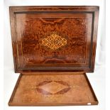 A Victorian marquetry inlaid burr walnut veneered tray of rectangular form, 41.5 x 66cm, together