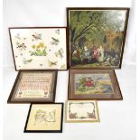 A collection of 19th century and later needlework pictures to include a 19th century alphabet