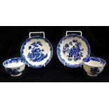 Two 18th century Liverpool porcelain tea bowl and saucer duos with transferred underglaze blue